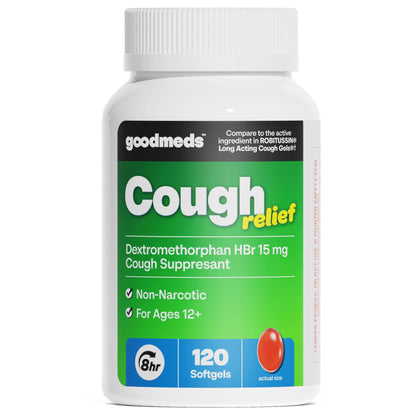 GoodMeds Cough Relief for Adults Softgels Dextromethorphan HBr (DXM) 15mg 8Hour, Non-Drowsy, Long-Lasting Bronchial Suppressant for Dry Cough and Chest Congestion (120 Count) - Maple Wellness Supplements