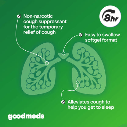 GoodMeds Cough Relief for Adults Softgels Dextromethorphan HBr (DXM) 15mg 8Hour, Non-Drowsy, Long-Lasting Bronchial Suppressant for Dry Cough and Chest Congestion (120 Count) - Maple Wellness Supplements