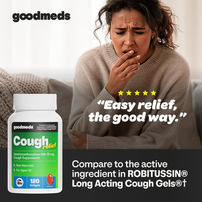 GoodMeds Cough Relief for Adults Softgels Dextromethorphan HBr (DXM) 15mg 8Hour, Non-Drowsy, Long-Lasting Bronchial Suppressant for Dry Cough and Chest Congestion (120 Count) - Maple Wellness Supplements