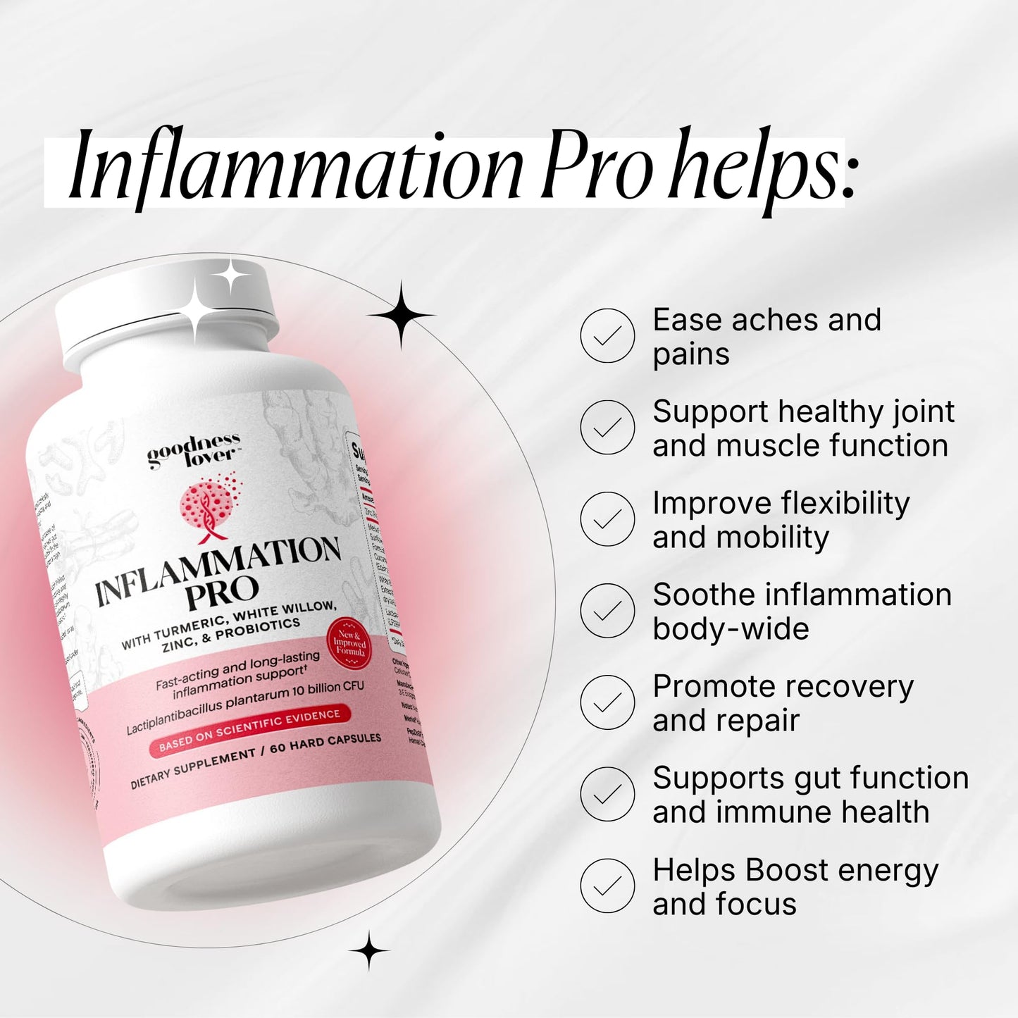 Goodness Lover Inflammation Pro, with 10 Billion CFU for Digestive Support, Curcumin, White Willow bark Extract, Zero fillers, Vegan, 30 Servings - Maple Wellness Supplements