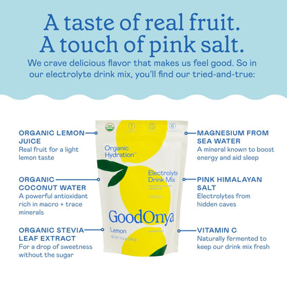 GOODONYA Organic Hydration Electrolyte Drink Mix, Certified Organic Hydration Powder, Non-GMO, Biochecked Glyphosate Free, Low Sugar, Lemonade Flavor, - Maple Wellness Supplements