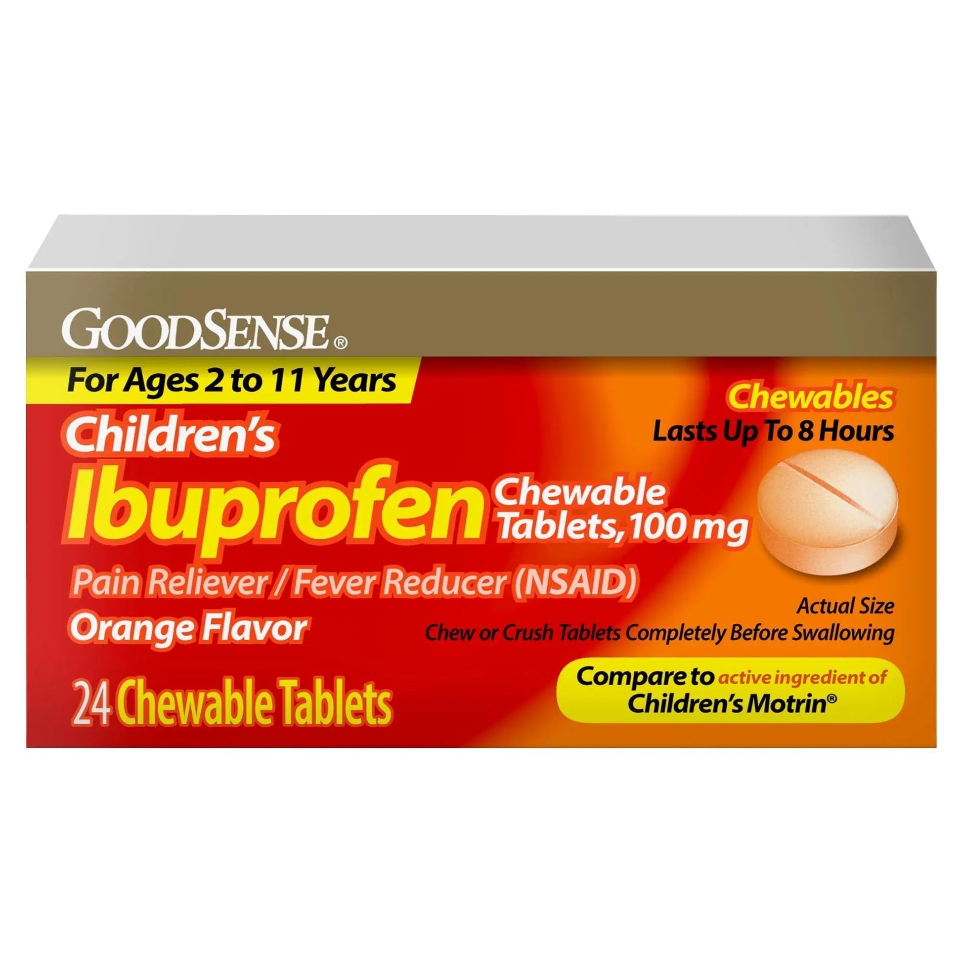GoodSense Children's Ibuprofen Chewable Tablets, 100 mg, 24 Count, Pain Reliever and Fever Reducer (NSAID), Temporarily Reduces Fever and Relieves Minor Aches and Pain - Maple Wellness Supplements