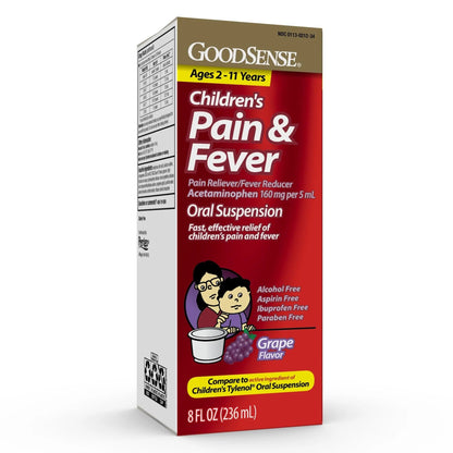 GoodSense Children's Pain and Fever, Acetaminophen 160 mg per 5 mL Oral Suspension, Grape Flavor, 8 FL OZ - Maple Wellness Supplements