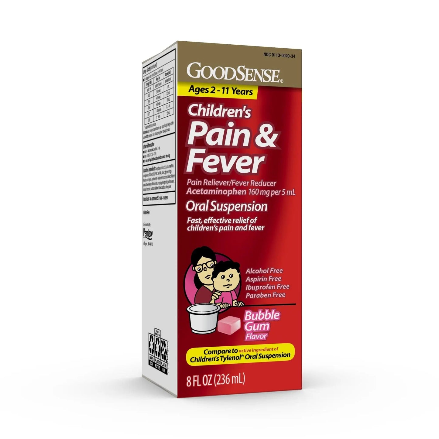GoodSense Children's Pain and Fever Oral Suspension Liquid, Acetaminophen 160 mg per 5 mL, Bubble Gum Flavor - Maple Wellness Supplements