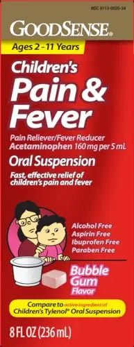 GoodSense Children's Pain and Fever Oral Suspension Liquid, Acetaminophen 160 mg per 5 mL, Bubble Gum Flavor - Maple Wellness Supplements