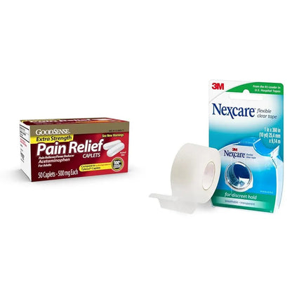 GoodSense Extra Strength 500mg Acetaminophen Caplets 50 Count & Nexcare Flexible Clear 1 Inch x 10 Yard Waterproof Transparent Tape 1 Roll - Maple Wellness Supplements