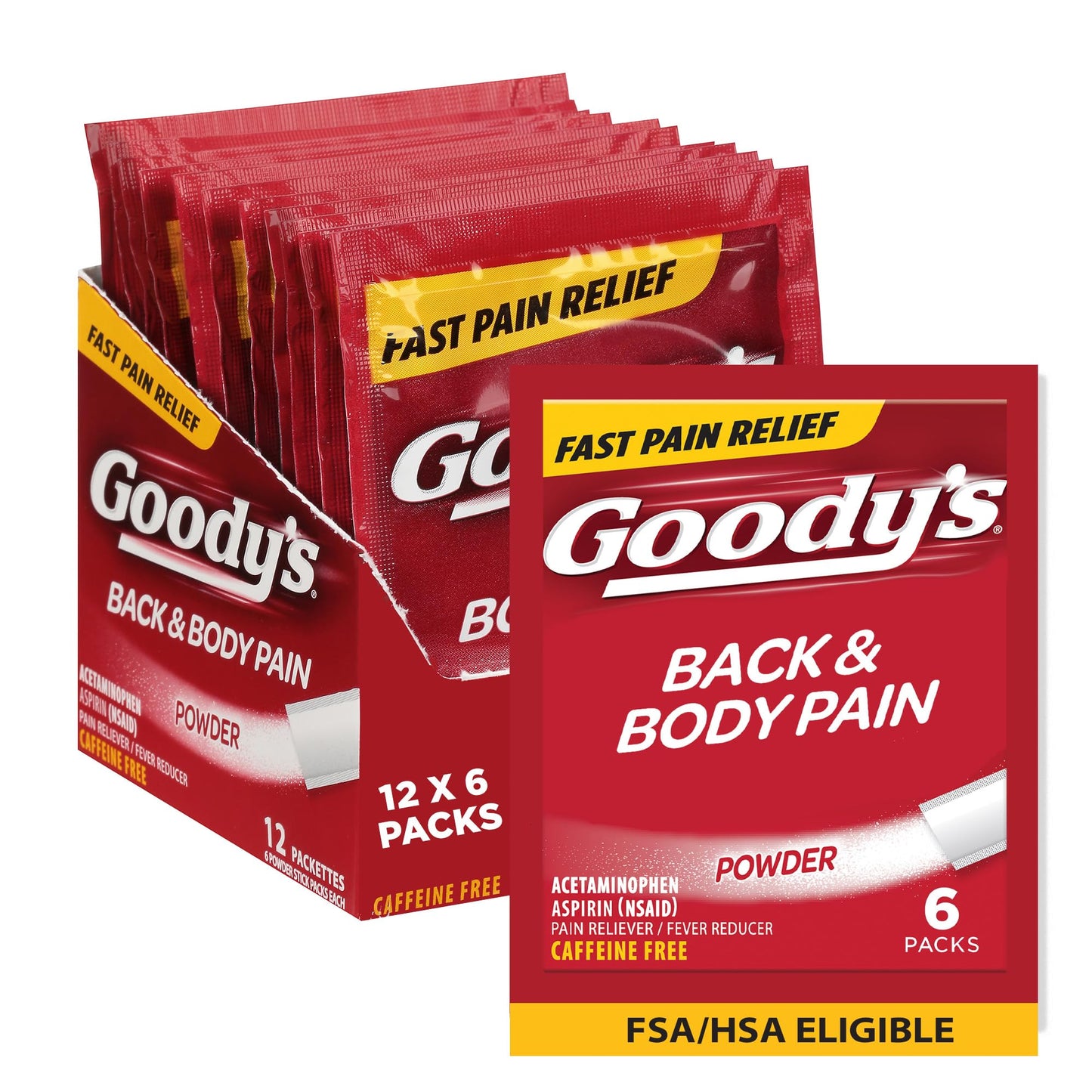 Goody's Body Ache & Back Pain Relief Powder, Dual Action with Acetaminophen & Aspirin, Caffeine-Free, 6 Count, Pack of 12 - Maple Wellness Supplements