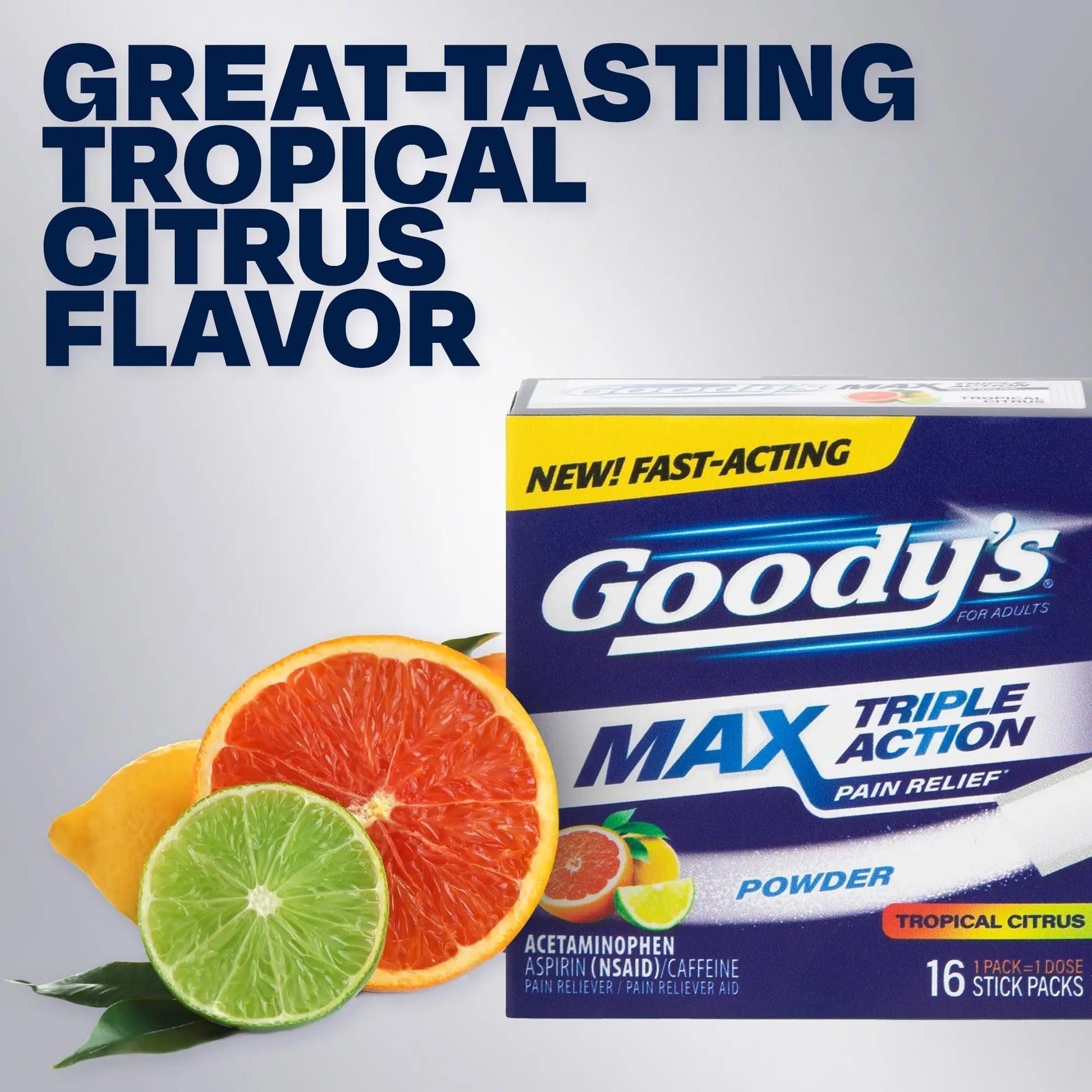 Goody’s Max Triple Action Pain Relief – Headache Relief Powder with Acetaminophen, Aspirin & Caffeine for Fast, Effective Relief of Tough Headaches, Tropical Citrus, 16 Count - Maple Wellness Supplements