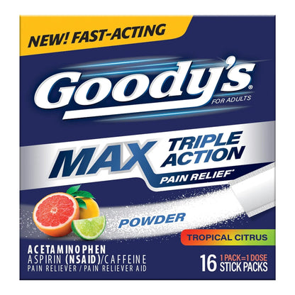Goody’s Max Triple Action Pain Relief – Headache Relief Powder with Acetaminophen, Aspirin & Caffeine for Fast, Effective Relief of Tough Headaches, Tropical Citrus, 16 Count - Maple Wellness Supplements