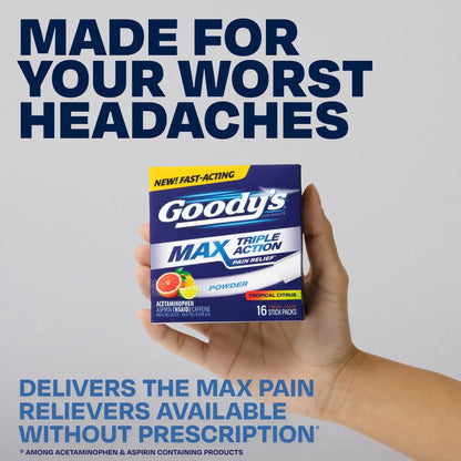 Goody’s Max Triple Action Pain Relief – Headache Relief Powder with Acetaminophen, Aspirin & Caffeine for Fast, Effective Relief of Tough Headaches, Tropical Citrus, 16 Count - Maple Wellness Supplements