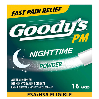 Goody's Nighttime Powder, Pain Reliever & Sleep Aid with Acetaminophen & Diphenhydramine Citrate, Caffeine Free, 16 Count - Maple Wellness Supplements