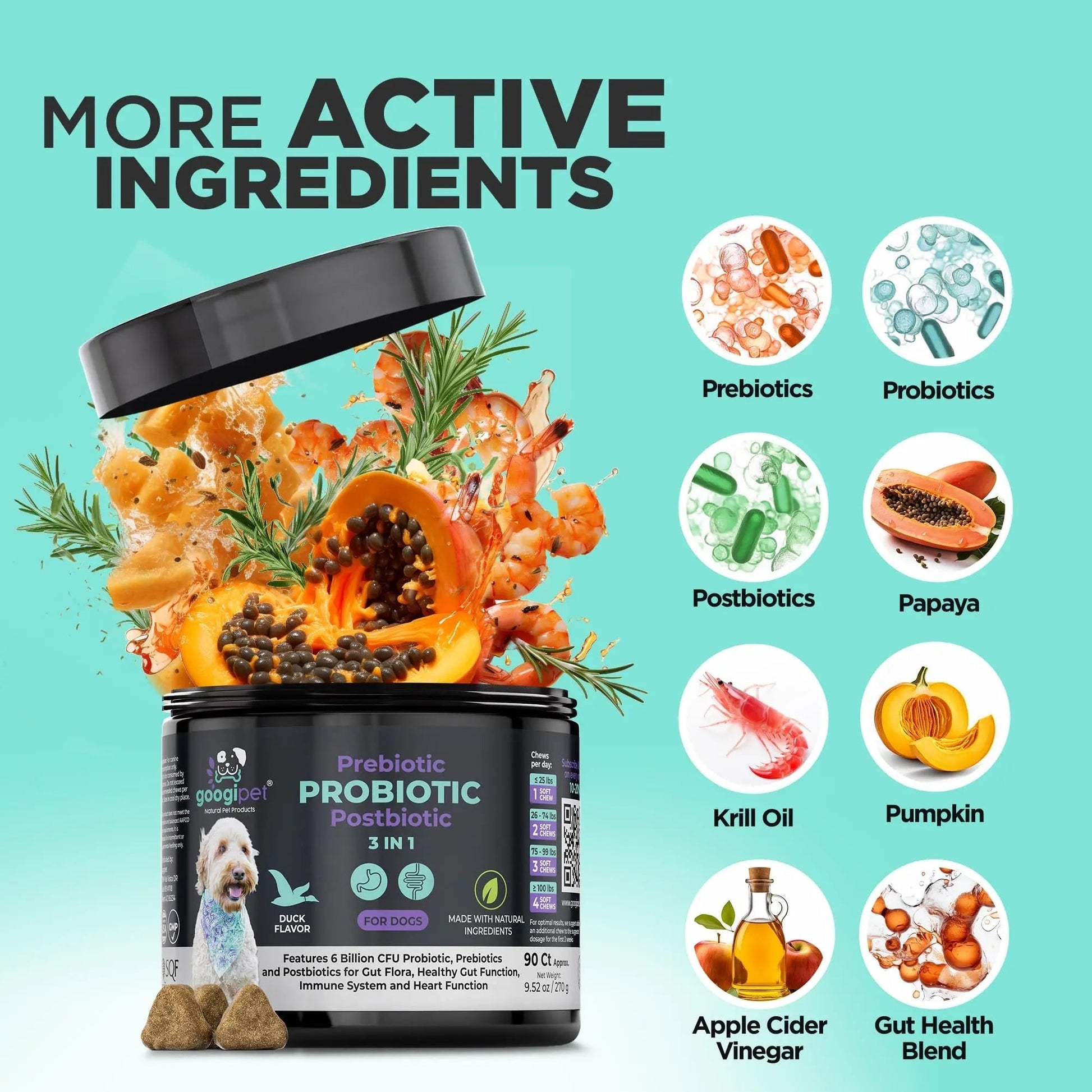 Googipet Probiotics for Dogs Digestive Health - Prebiotics and Probiotics Chews for Dog Yeast Infection Treatment + Digestive Enzymes - Dog Probiotics for Itchy Skin & Ears w/Papaya, Pumpkin, & Fiber - Maple Wellness Supplements