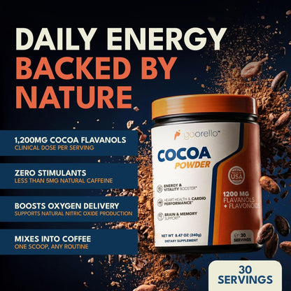 goorello High Flavanol Cocoa Powder Supplement, 1200mg Cocoa Flavanols & Flavonoids, 30 Servings for Support Heart Health, - Maple Wellness Supplements