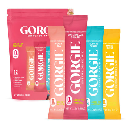 GORGIE Bestsellers Variety, Sugar-Free Natural Energy Drink Mix, On the Go Powder, Healthy Energy Drinks - Green Tea Caffeine, Biotin, B Vitamins -150mg Caffeine, L-Theanine, Vegan, & Low Calorie (Pack of 12) - Maple Wellness Supplements