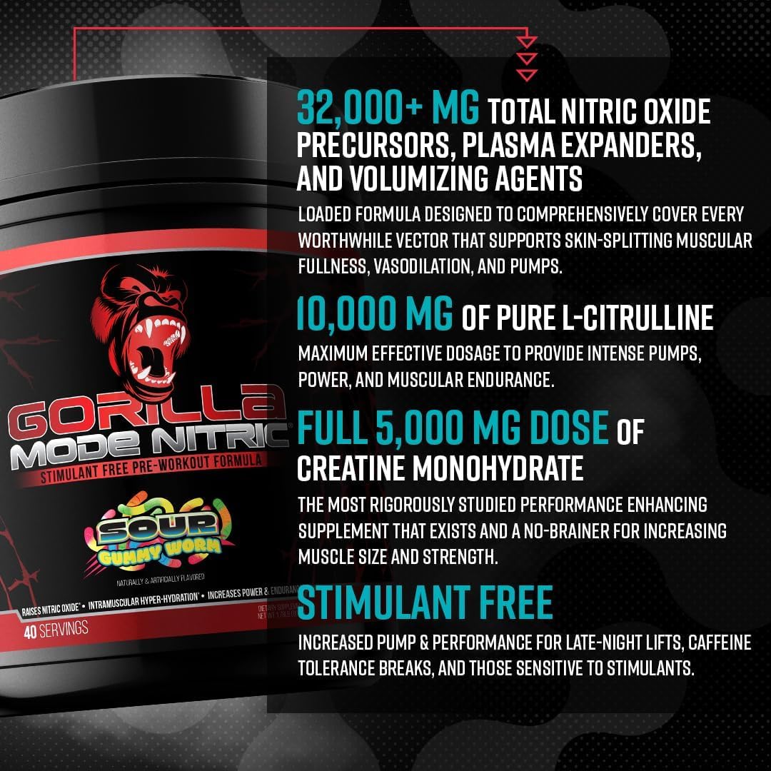 Gorilla Mode Nitric Upgraded Stimulant Free Pre-Workout – Best Tasting and Most Effective Stimulant Free Pre-Workout/Massive Pumps · Vasodilation · Power / 768 Grams (Rocket Frost) - Maple Wellness Supplements