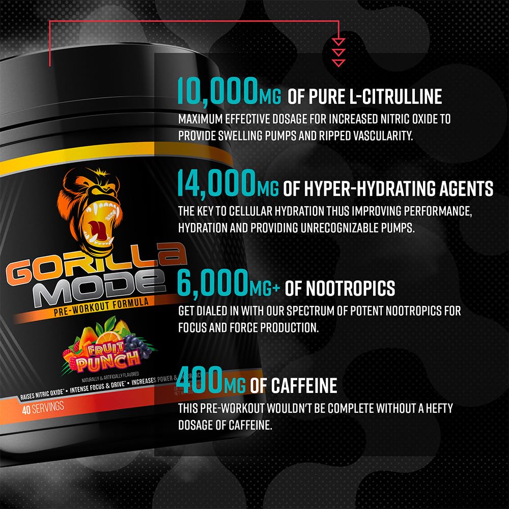 Gorilla Mode Pre Workout - Massive Pumps · Laser Focus · Energy · Power - L-Citrulline, Creatine, L-Tyrosine, Betaine, Hydroprime®, Alpha-GPC, 400mg Caffeine, Huperzine A - 792g (Rocket Frost) - Maple Wellness Supplements