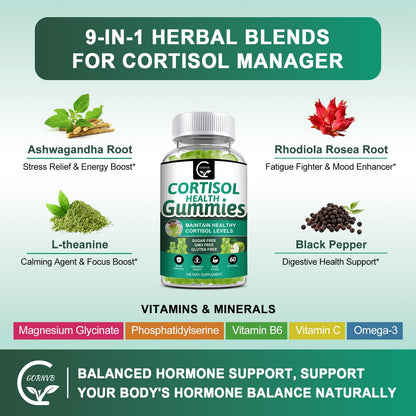 GORNVB Cortisol Gummies, Cortisol Supplement for Women with Magnesium, Ashwagandha, Rhodiola, Phosphatidylserine, L-Theanine, Black Pepper, Vitamin C & B6 - Relaxation, Focus, Sleep Support - 2 Pack - Maple Wellness Supplements
