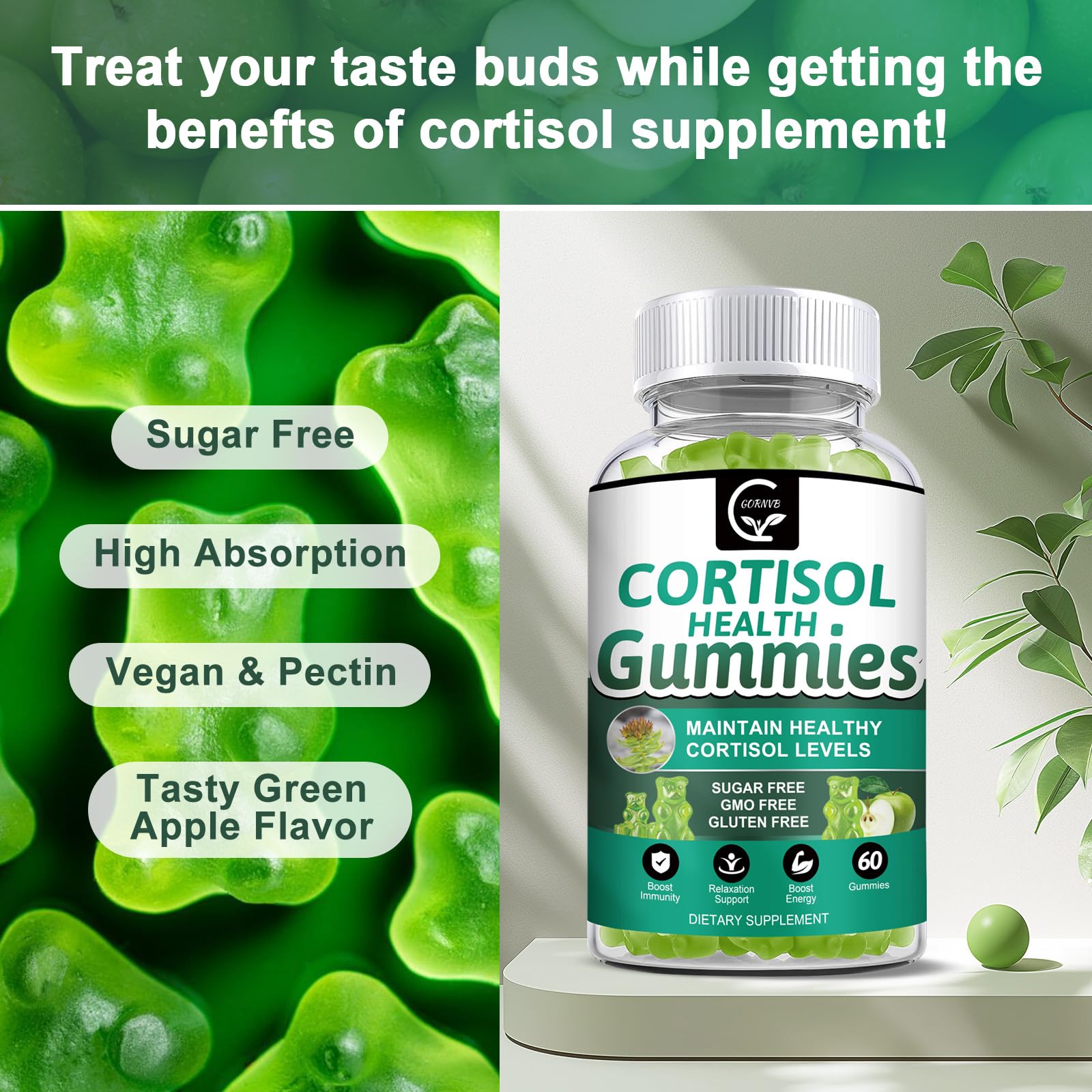 GORNVB Cortisol Gummies, Cortisol Supplement for Women with Magnesium, Ashwagandha, Rhodiola, Phosphatidylserine, L-Theanine, Black Pepper, Vitamin C & B6 - Relaxation, Focus, Sleep Support - 2 Pack - Maple Wellness Supplements