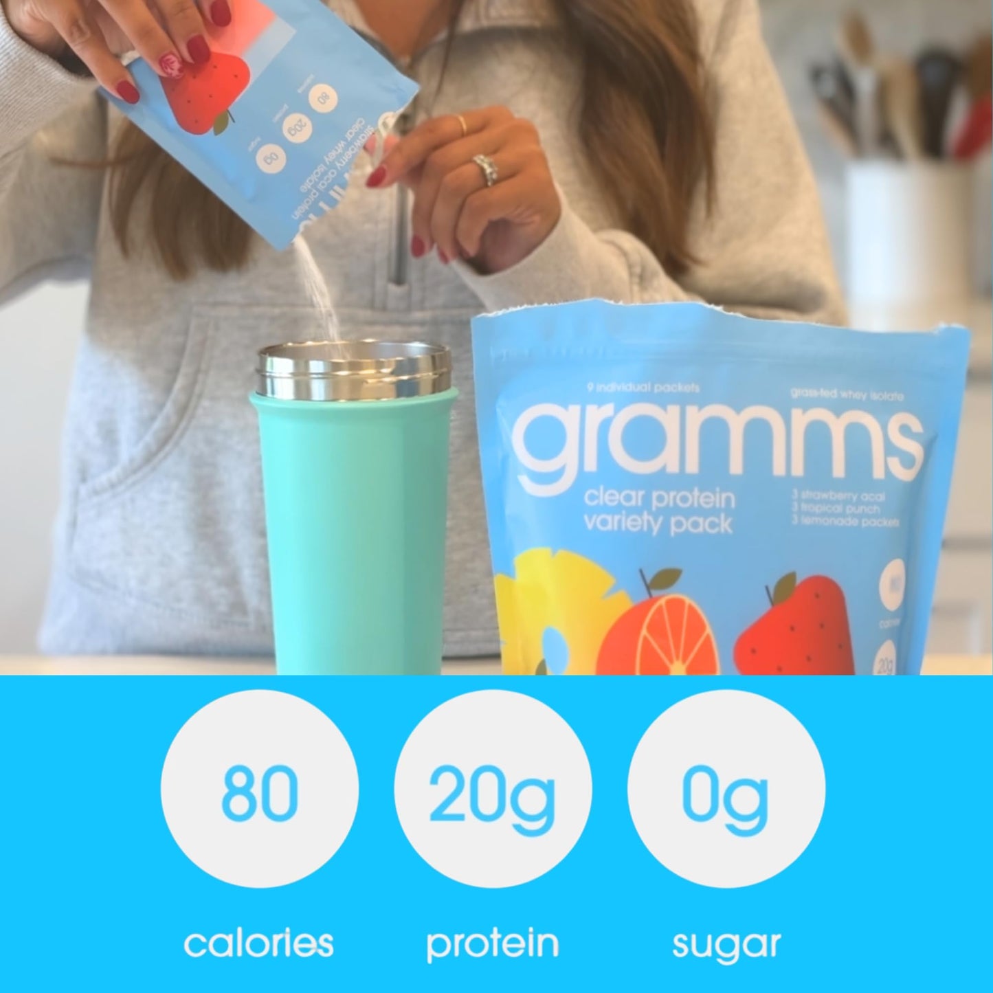 GRAMMS Clear Protein Powder Packets 20G Protein Sample Packets Variety Flavors for Women & Men | Lactose Free, Grass-Fed Whey Isolate, Gluten Free, Zero Sugar, Gut Friendly, Non-Bloating(9 Pack) - Maple Wellness Supplements
