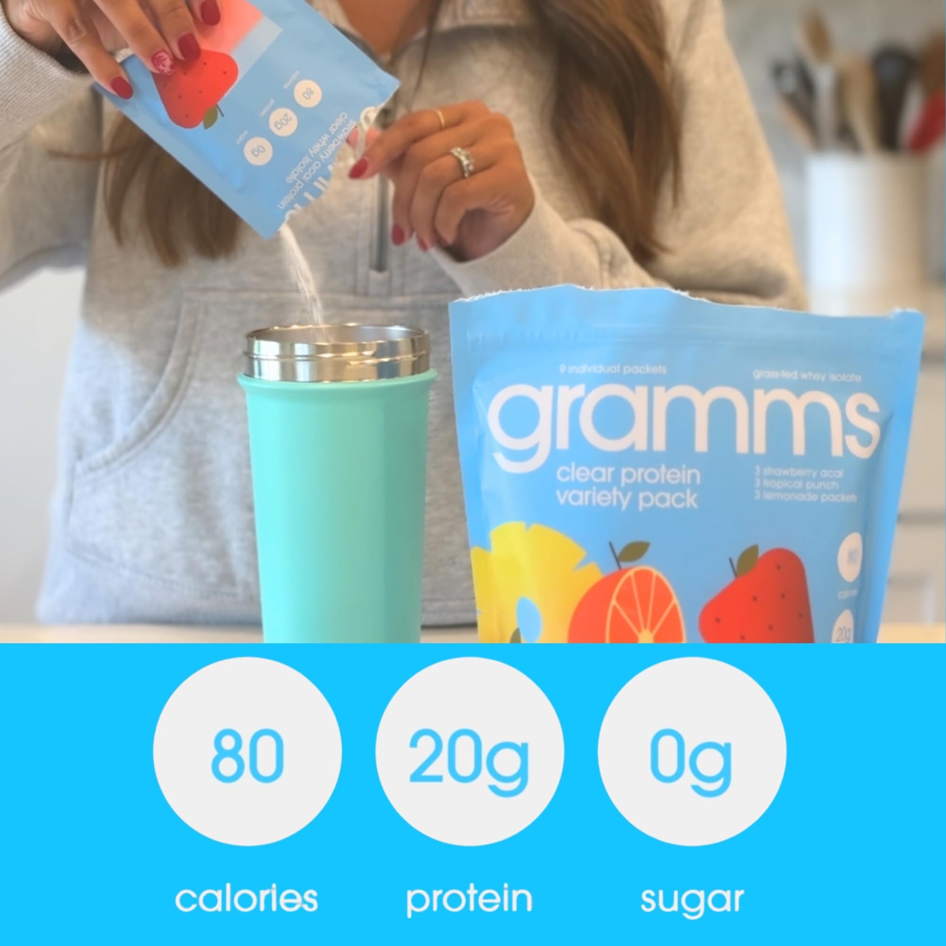 GRAMMS Clear Protein Powder Packets 20G Protein Sample Packets Variety Flavors for Women & Men | Lactose Free, Grass-Fed Whey Isolate, Gluten Free, Zero Sugar, Gut Friendly, Non-Bloating(9 Pack) - Maple Wellness Supplements