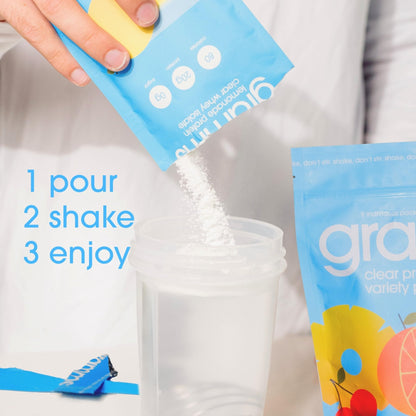 GRAMMS Clear Protein Powder Packets 20G Protein Sample Packets Variety Flavors for Women & Men | Lactose Free, Grass-Fed Whey Isolate, Gluten Free, Zero Sugar, Gut Friendly, Non-Bloating(9 Pack) - Maple Wellness Supplements