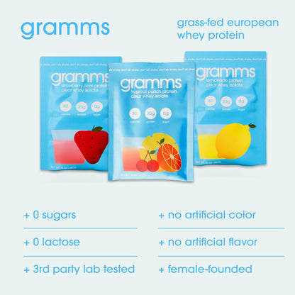 GRAMMS Clear Protein Powder Packets 20G Protein Sample Packets Variety Flavors for Women & Men | Lactose Free, Grass-Fed Whey Isolate, Gluten Free, Zero Sugar, Gut Friendly, Non-Bloating(9 Pack) - Maple Wellness Supplements