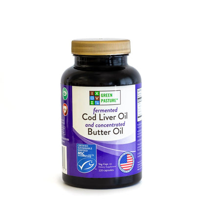 Green Pasture Fermented Cod Liver Oil & Butter Oil Blend - Wild Alaska Cod, Vitamins A & D, Omega-3-6-9, MSC Certified, 120 Capsules - Maple Wellness Supplements