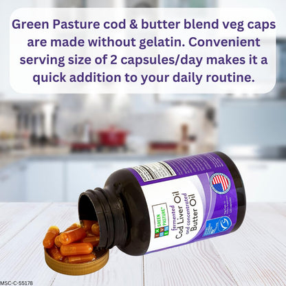 Green Pasture Fermented Cod Liver Oil & Butter Oil Blend - Wild Alaska Cod, Vitamins A & D, Omega-3-6-9, MSC Certified, 120 Capsules - Maple Wellness Supplements
