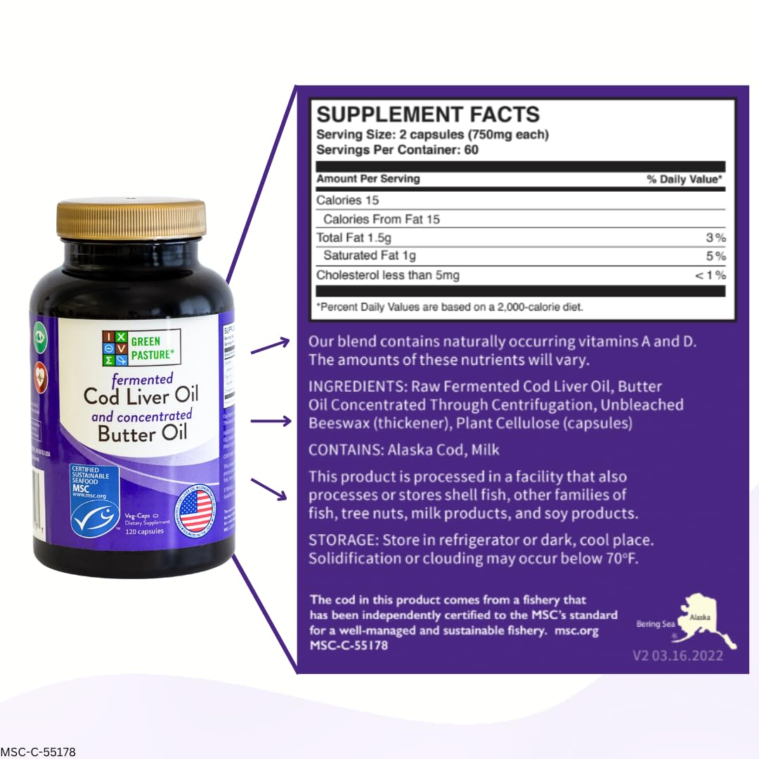 Green Pasture Fermented Cod Liver Oil & Butter Oil Blend - Wild Alaska Cod, Vitamins A & D, Omega-3-6-9, MSC Certified, 120 Capsules - Maple Wellness Supplements