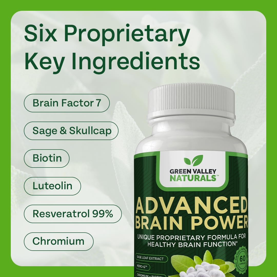 GREEN VALLEY NATURALS - Advanced Brain Power - Supports Healthy, Normal Brain Function, Focus and Concentration, clinically formulated to Support Healthy Brain Clarity. (1 Bottle, 60, Count) - Maple Wellness Supplements