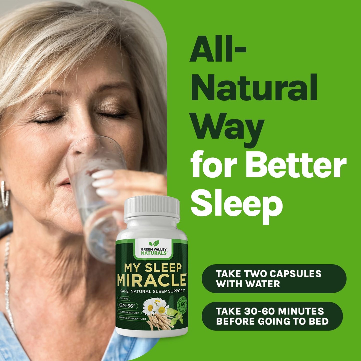 GREEN VALLEY NATURALS My Sleep Miracle Vegan Sleep Support Supplement | Melatonin-Free Formula | Ashwagandha, Chamomile & L-Theanine | Promotes Calm, Relaxation & Restful Sleep | 60 Capsules - Maple Wellness Supplements