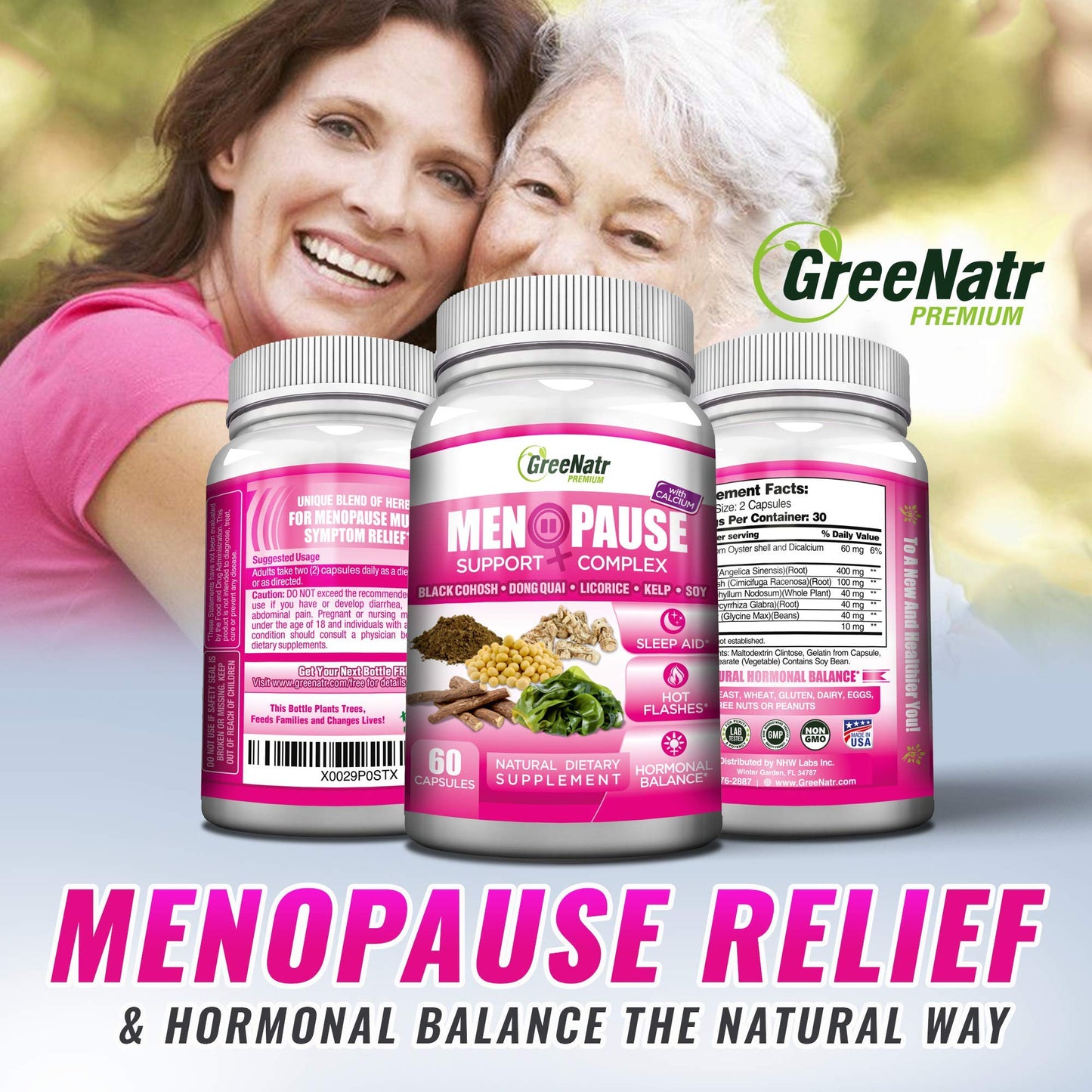 GreeNatr Menopause Supplements for Women - Perimenopause Supplements Women with Dong Quai & Black Cohosh for Menopause Hot Flashes - Menopause Support for Sleep Quality & Hormone Balance - 60 Caps - Maple Wellness Supplements