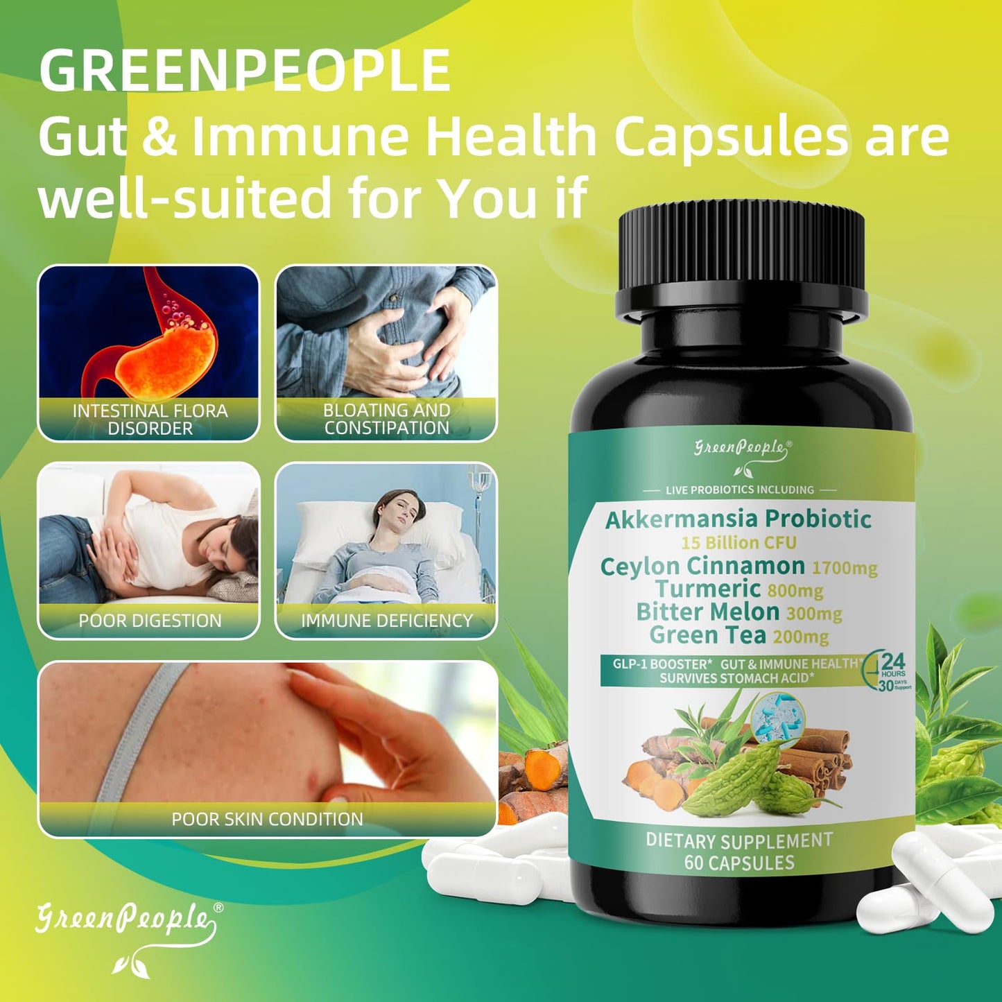 GREENPEOPLE Akkermansia Probiotics 15B CFU for Gut Function, 60CT Probiotics Supplement with Ceylon Cinnamon, Turmeric | Digestive Health & Metabolic Support - Maple Wellness Supplements