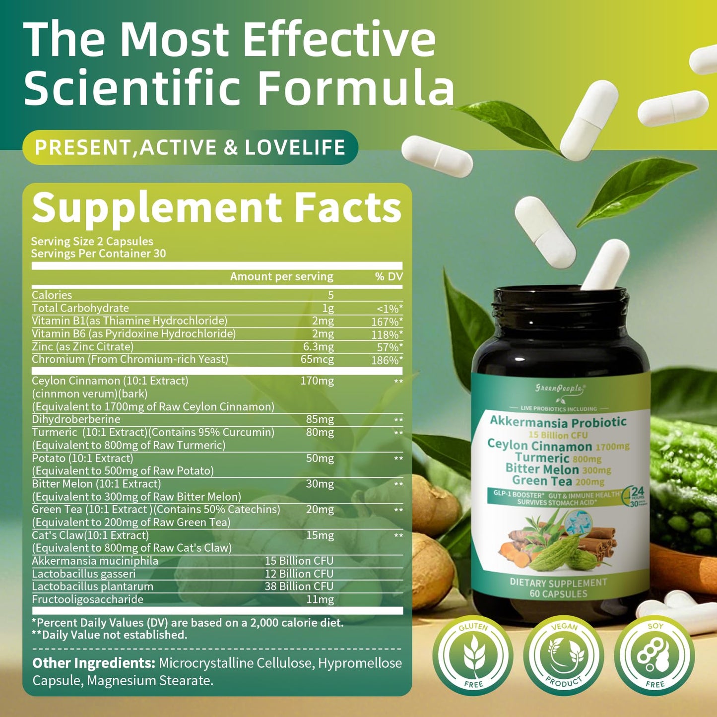 GREENPEOPLE Akkermansia Probiotics 15B CFU for Gut Function, 60CT Probiotics Supplement with Ceylon Cinnamon, Turmeric | Digestive Health & Metabolic Support - Maple Wellness Supplements
