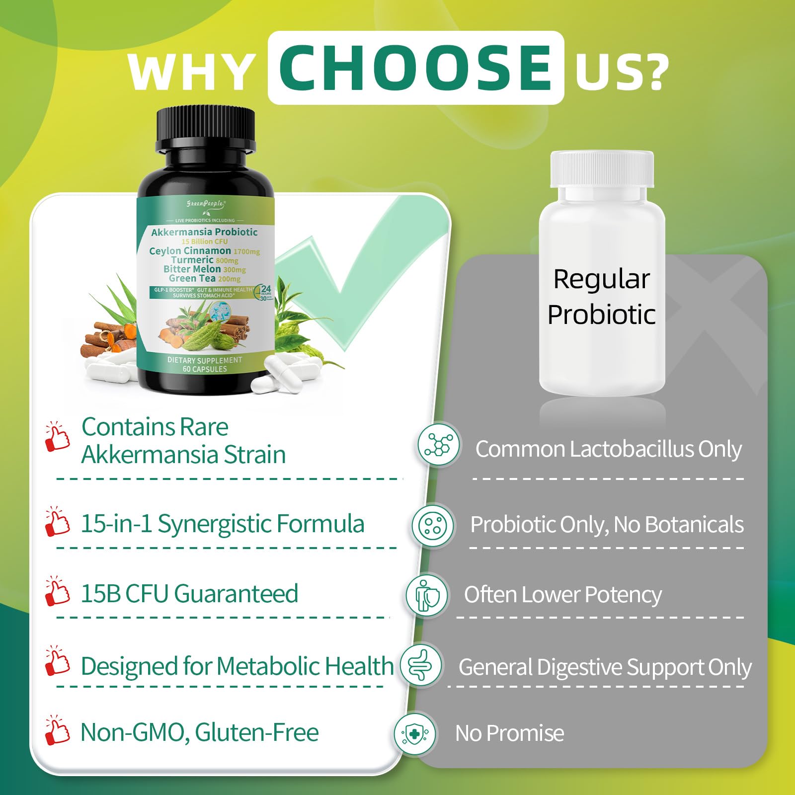 GREENPEOPLE Akkermansia Probiotics 15B CFU for Gut Function, 60CT Probiotics Supplement with Ceylon Cinnamon, Turmeric | Digestive Health & Metabolic Support - Maple Wellness Supplements