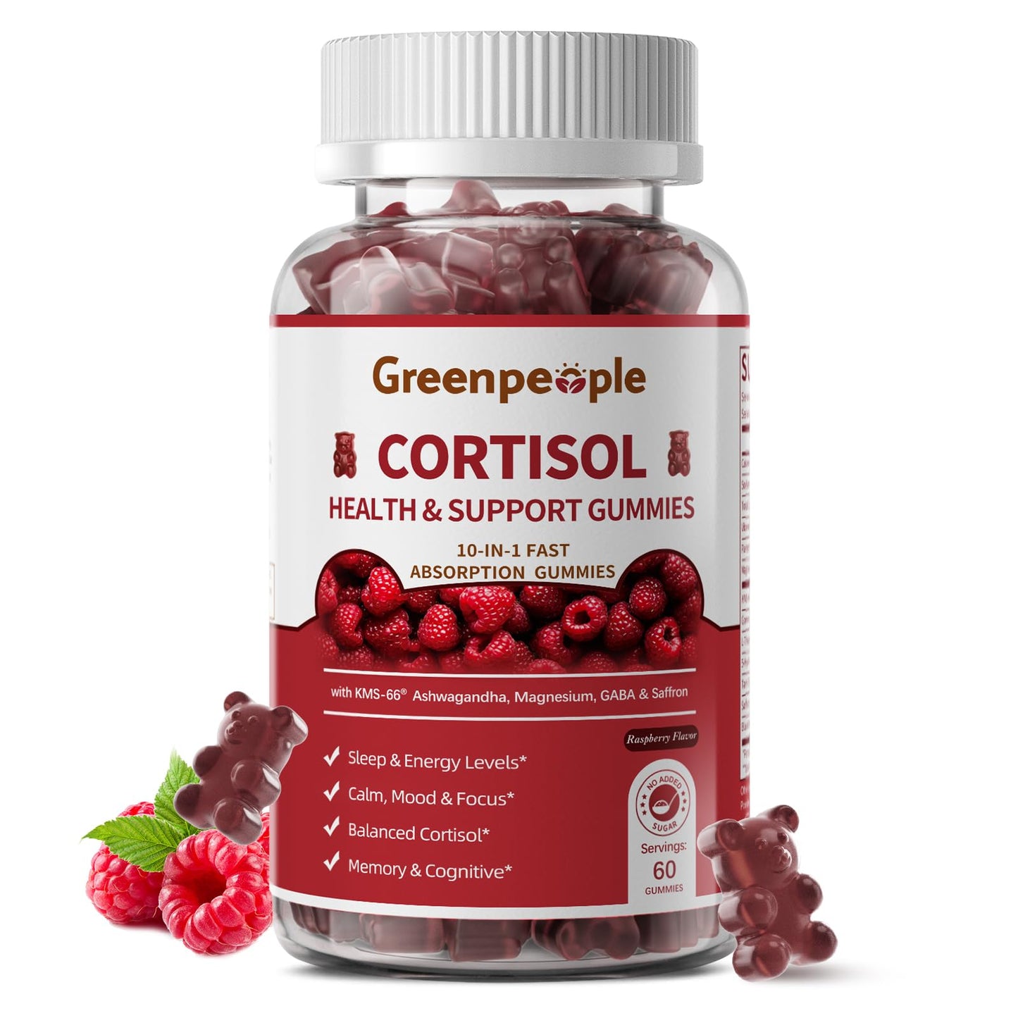 GREENPEOPLE Cortisol Supplements for Women & Men - Cortisol Reducer Detox Manager w/KSM-66 Ashwagandha/Magnesium/L-theanine/GABA/Vitamin B6 for Mood/Sleep/Stress Relief 60 CT Raspberry Flavor Gummies - Maple Wellness Supplements