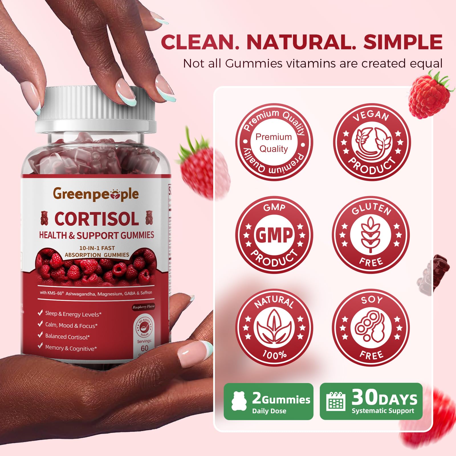 GREENPEOPLE Cortisol Supplements for Women & Men - Cortisol Reducer Detox Manager w/KSM-66 Ashwagandha/Magnesium/L-theanine/GABA/Vitamin B6 for Mood/Sleep/Stress Relief 60 CT Raspberry Flavor Gummies - Maple Wellness Supplements