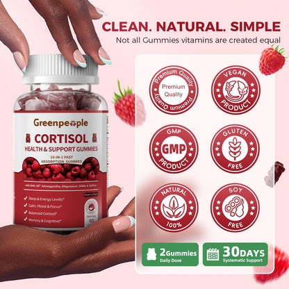 GREENPEOPLE Cortisol Supplements for Women & Men - Cortisol Reducer Detox Manager w/KSM-66 Ashwagandha/Magnesium/L-theanine/GABA/Vitamin B6 for Mood/Sleep/Stress Relief 60 CT Raspberry Flavor Gummies - Maple Wellness Supplements