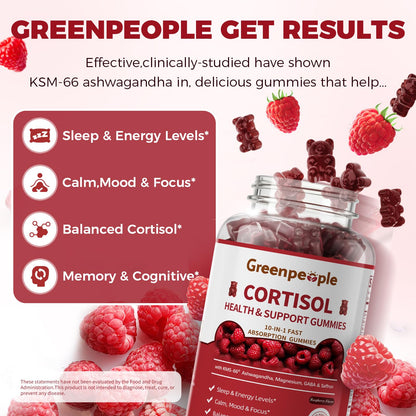 GREENPEOPLE Cortisol Supplements for Women & Men - Cortisol Reducer Detox Manager w/KSM-66 Ashwagandha/Magnesium/L-theanine/GABA/Vitamin B6 for Mood/Sleep/Stress Relief 60 CT Raspberry Flavor Gummies - Maple Wellness Supplements