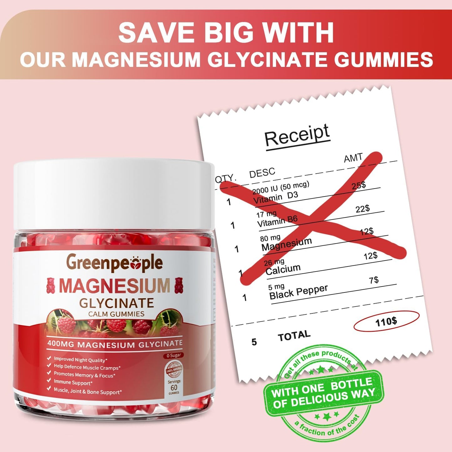 GREENPEOPLE Magnesium Glycinate Gummies 400mg - Sugar Free Magnesium Supplement with Magnesio Citrate, Vitamin D, and B6 for Calm Support & Sleep for Adults - Maple Wellness Supplements