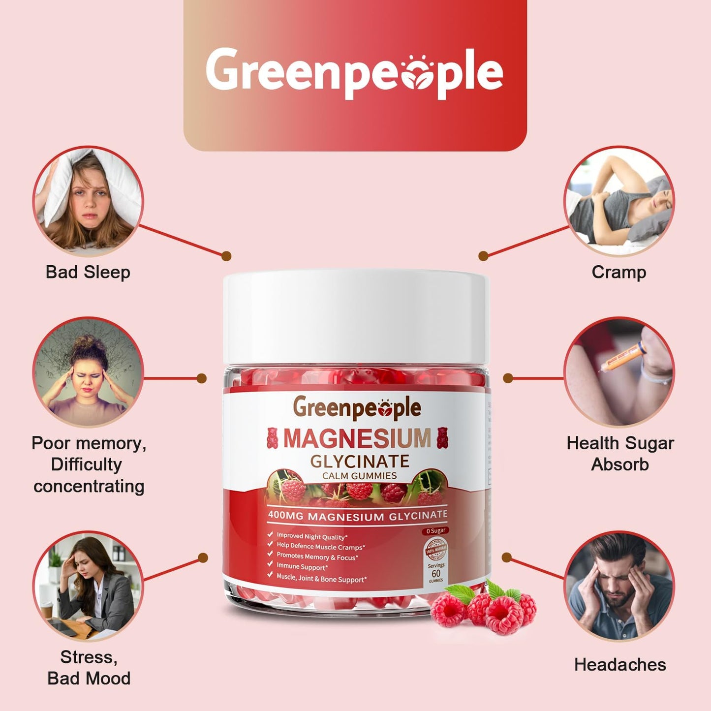 GREENPEOPLE Magnesium Glycinate Gummies 400mg - Sugar Free Magnesium Supplement with Magnesio Citrate, Vitamin D, and B6 for Calm Support & Sleep for Adults - Maple Wellness Supplements