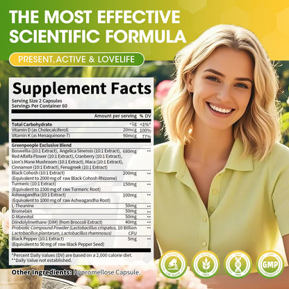 GREENPEOPLE Menopause Supplements for Women - Black Cohosh & Ashwagandha for Hot Flashes, Night Sweats, Mood Swings, Hormonal Balance Support,10 Billion CFU Probiotic - 120 Capsules Vegan Gluten-Free - Maple Wellness Supplements