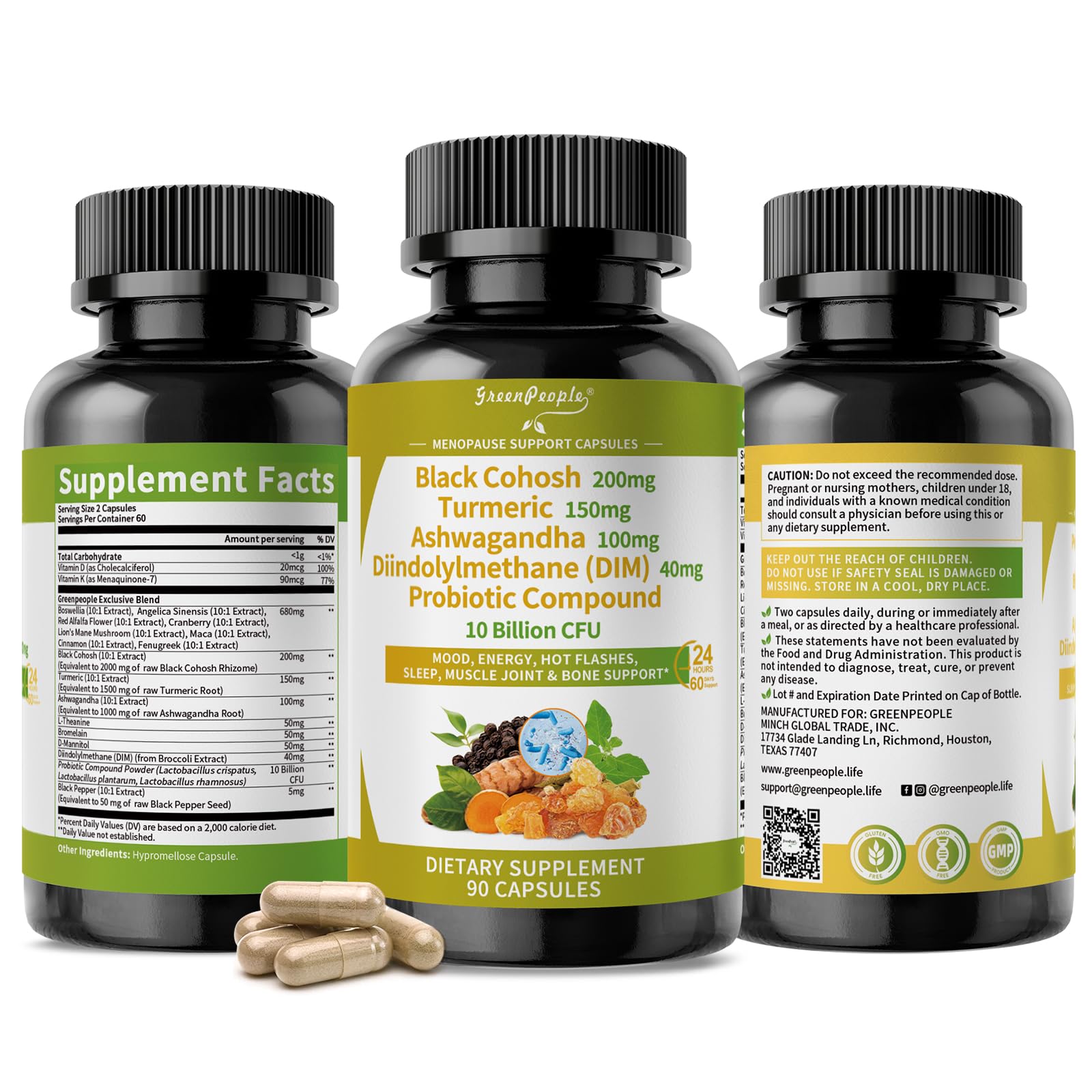 GREENPEOPLE Menopause Supplements for Women - Black Cohosh & Ashwagandha for Hot Flashes, Night Sweats, Mood Swings, Hormonal Balance Support,10 Billion CFU Probiotic - 120 Capsules Vegan Gluten-Free - Maple Wellness Supplements