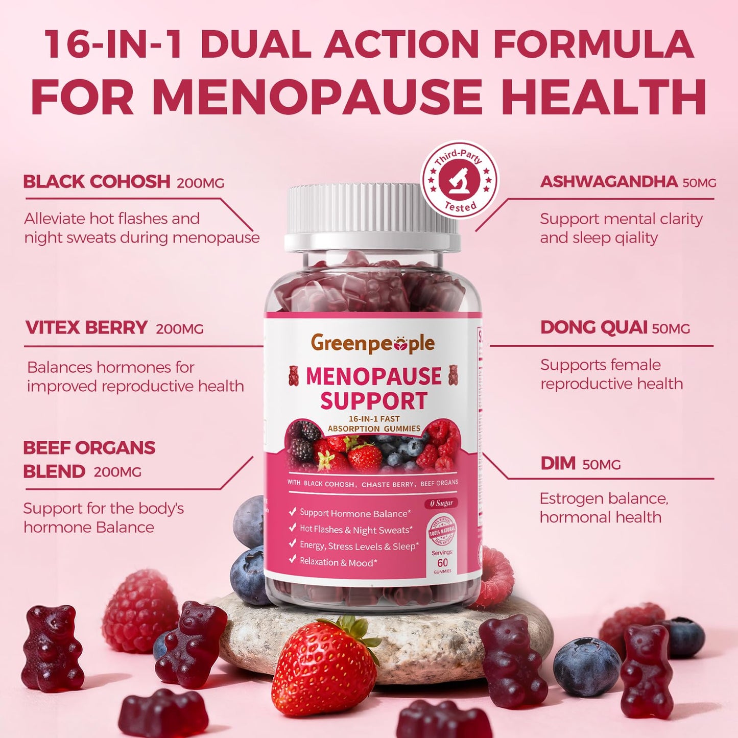 GREENPEOPLE Menopause Supplements for Women Gummies - 16-in-1 Dual Action Menopause Relief W/Black Cohosh, Vitex, Beef Organs for Hormone Balance, Hot Flashes, Night Sweats & Mood, Sugar-Free 60 CT - Maple Wellness Supplements