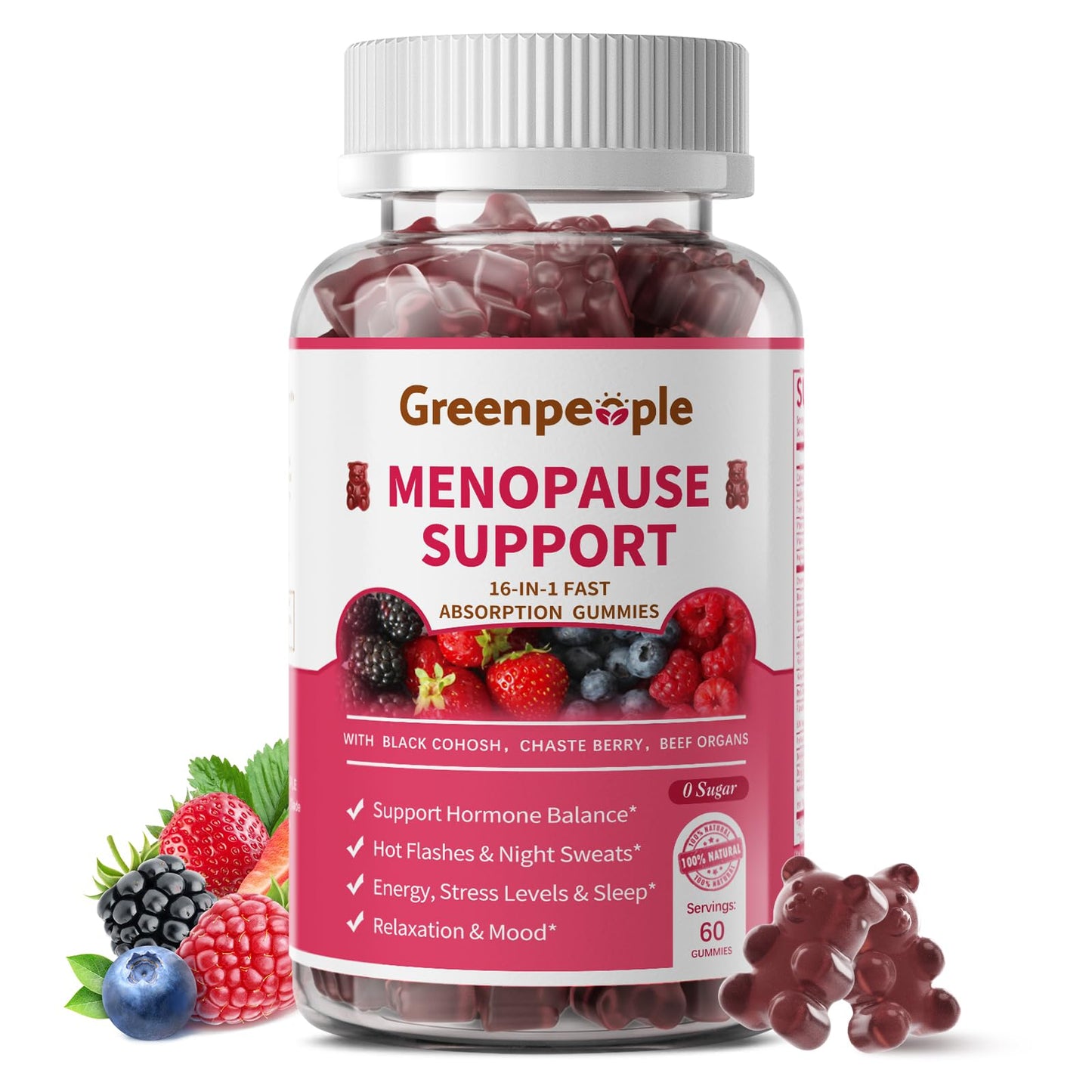 GREENPEOPLE Menopause Supplements for Women Gummies - 16-in-1 Dual Action Menopause Relief W/Black Cohosh, Vitex, Beef Organs for Hormone Balance, Hot Flashes, Night Sweats & Mood, Sugar-Free 60 CT - Maple Wellness Supplements