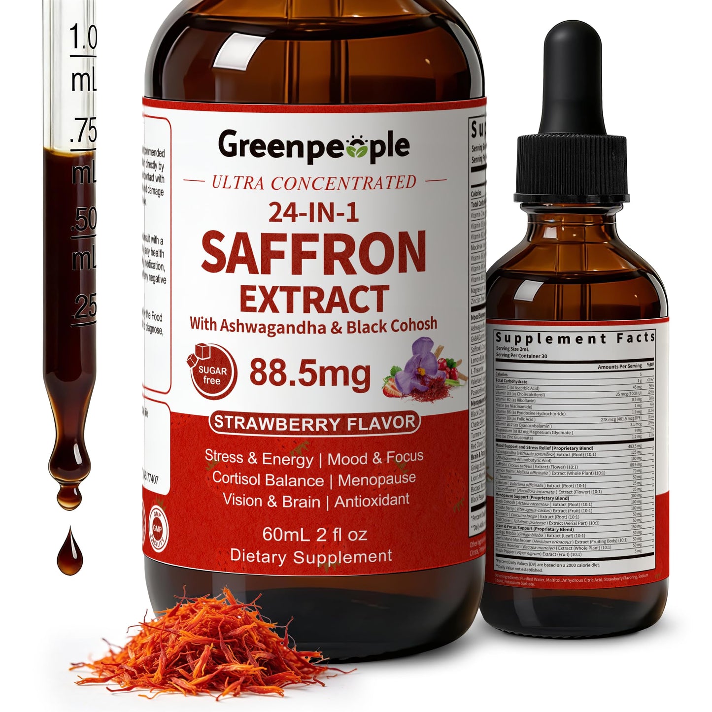 GREENPEOPLE Saffron Extract Supplements Drop - 24-in-1 88.5mg Saffron Extract with Ashwagandha,Black Cohosh & Lion's Mane for Mood&Focus,Stress Relief,Cortisol Reducer,Menopause – Vegan 2FL OZ - Maple Wellness Supplements
