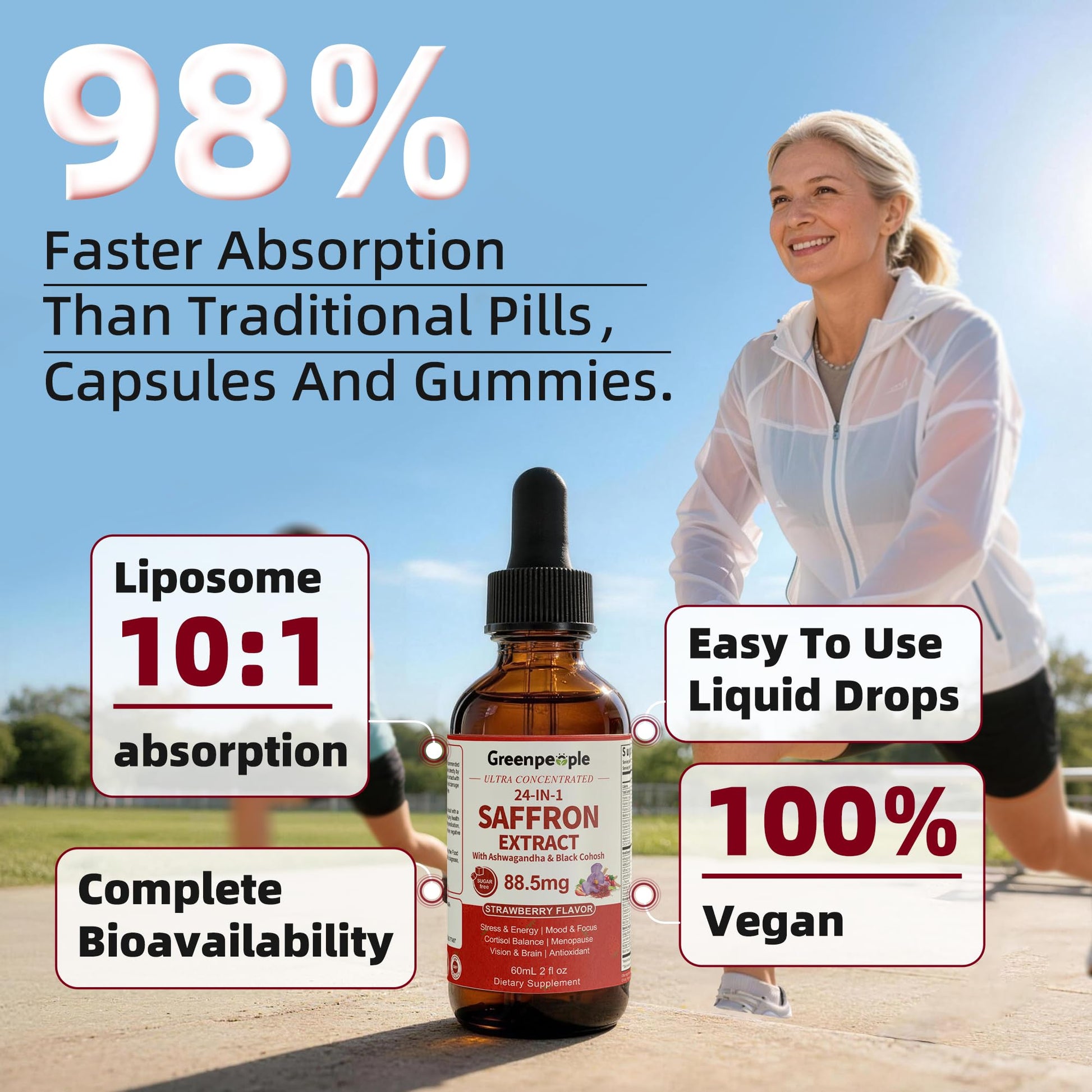GREENPEOPLE Saffron Extract Supplements Drop - 24-in-1 88.5mg Saffron Extract with Ashwagandha,Black Cohosh & Lion's Mane for Mood&Focus,Stress Relief,Cortisol Reducer,Menopause – Vegan 2FL OZ - Maple Wellness Supplements