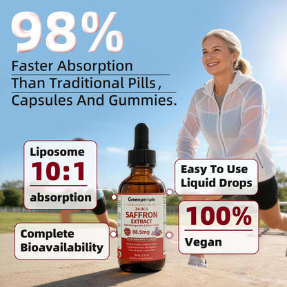 GREENPEOPLE Saffron Extract Supplements Drop - 24-in-1 88.5mg Saffron Extract with Ashwagandha,Black Cohosh & Lion's Mane for Mood&Focus,Stress Relief,Cortisol Reducer,Menopause – Vegan 2FL OZ - Maple Wellness Supplements