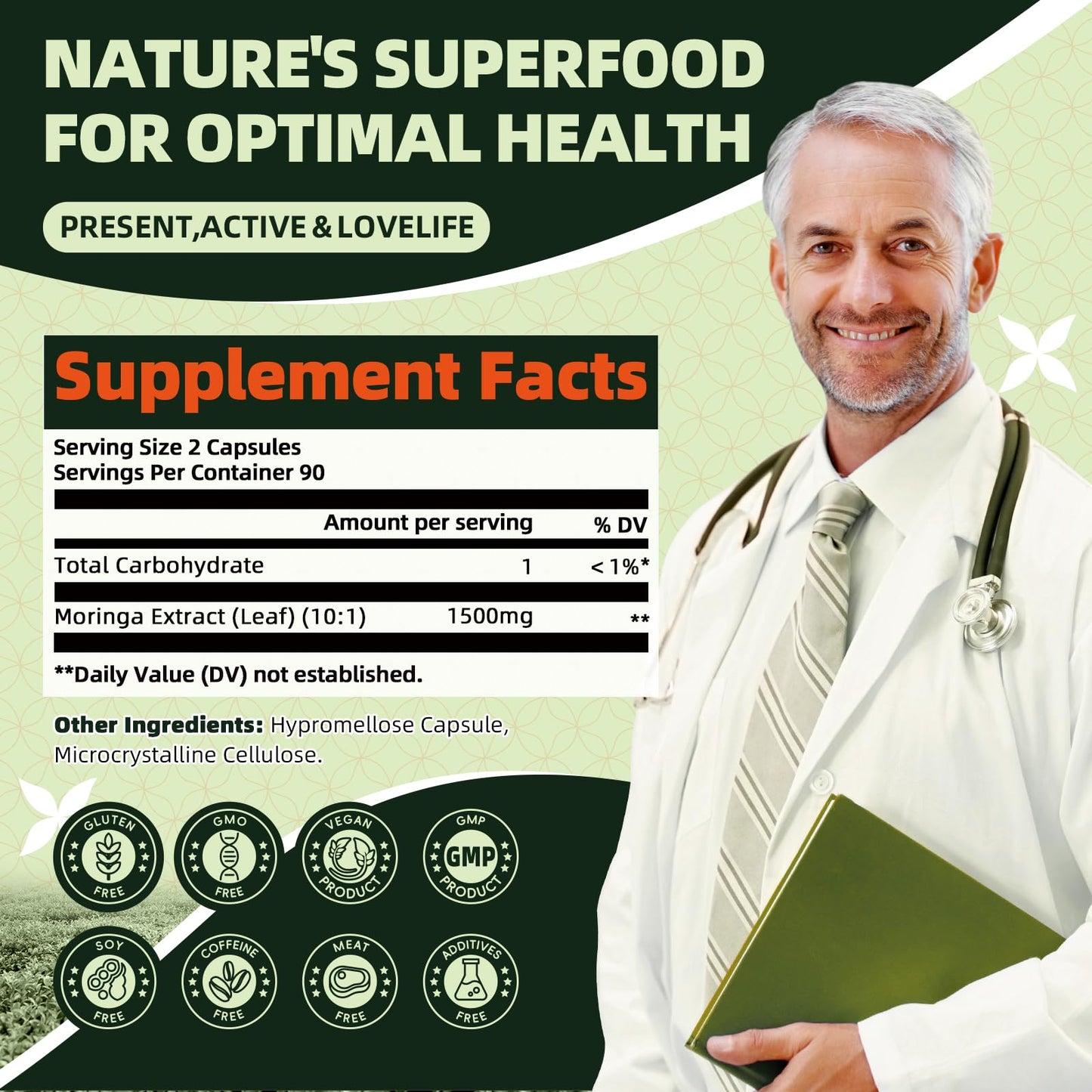 GREENPEOPLE Whole-Leaf Moringa Capsules 1500mg - High Potency 10:1 Moringa Oleifera Leaf Extract - Natural Green Superfood for Energy & Immune Support - Maple Wellness Supplements