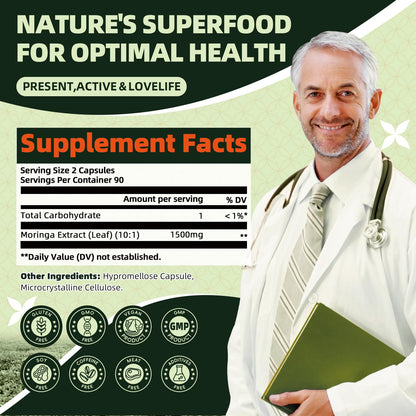 GREENPEOPLE Whole-Leaf Moringa Capsules 1500mg - High Potency 10:1 Moringa Oleifera Leaf Extract - Natural Green Superfood for Energy & Immune Support - Maple Wellness Supplements